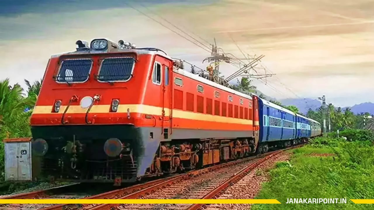 "लाल और पीले रंग का विद्युत इंजन नीले यात्री डिब्बों वाली ट्रेन को घने हरियाली वाले क्षेत्र से ले जाता हुआ, पीछे पहाड़ और ताड़ के पेड़ों के साथ—यह छवि भारत की रेलवे यात्रा, प्राकृतिक सुंदरता और मानसिक स्वास्थ्य और वेलनेस के लिए शांति का प्रतीक दर्शाती है।"