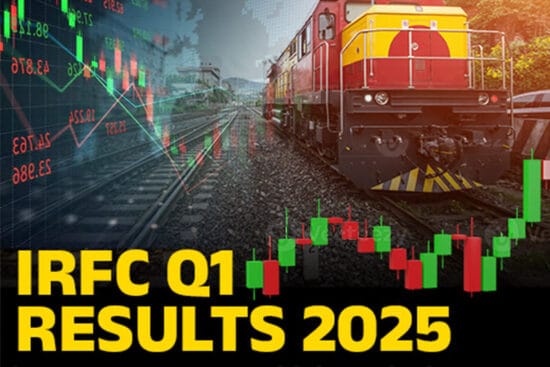 IRFC Q1 2025 financial results with Indian Railways engine and stock market candlestick chart background