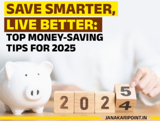 A hand turning a wooden block from 4 to 5, symbolizing the new year 2025, with a white piggy bank and text overlay "Save Smarter, Live Better: Top Money-Saving Tips for 2025" from JanakariPoint.in.