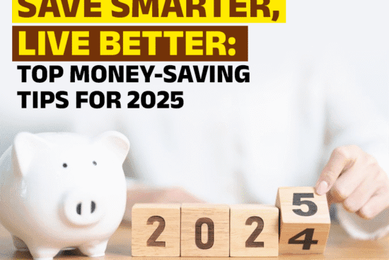 A hand turning a wooden block from 4 to 5, symbolizing the new year 2025, with a white piggy bank and text overlay "Save Smarter, Live Better: Top Money-Saving Tips for 2025" from JanakariPoint.in.