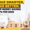 A hand turning a wooden block from 4 to 5, symbolizing the new year 2025, with a white piggy bank and text overlay "Save Smarter, Live Better: Top Money-Saving Tips for 2025" from JanakariPoint.in.