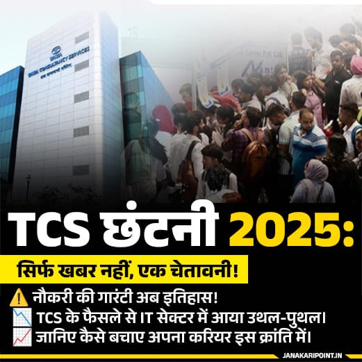 Tata Consultancy Services (TCS) ऑफिस बिल्डिंग के सामने लोगों की भीड़ दिखाई दे रही है। छवि में हिंदी में लिखा गया टेक्स्ट TCS छंटनी 2025 से जुड़ी चेतावनी और नौकरी सुरक्षा पर फोकस करता है, साथ ही IT सेक्टर में बदलाव के प्रति जागरूक करता है।